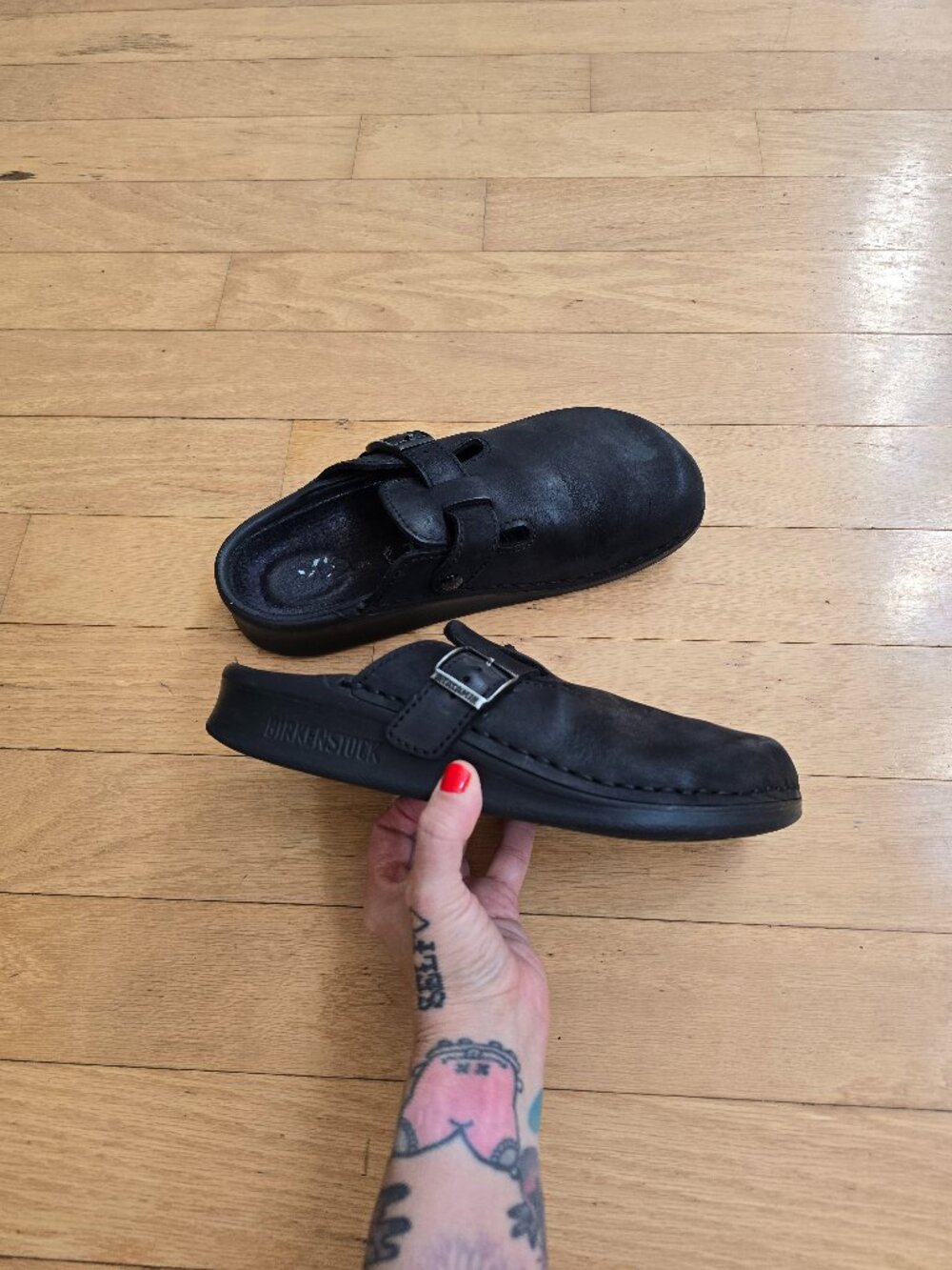 Birkenstock Boston Super Grip Professional black monochrome leather mules MENS 8